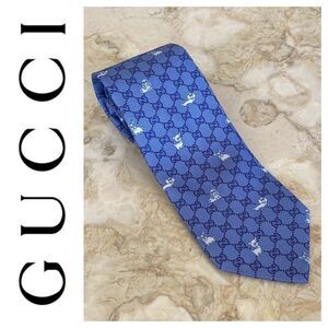 GUCCI Interlocking GG Dog Pattern Blue/Navy 100% Silk Tie